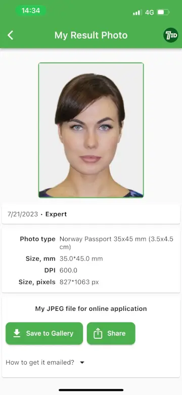 7ID App: Norway Passport Photo Sample