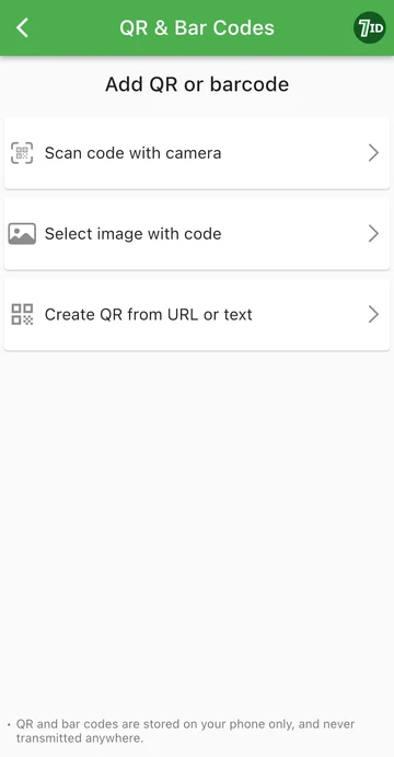 Aplikacija 7ID: dodajte QR ali črtno kodo