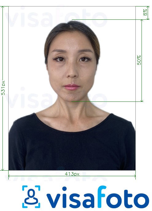 ფოტოს მაგალითი კორეის პასპორტი ონლაინ რეჟიმში -სთვის ზუსტი ზომის სპეციფიკაციით